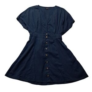 Quince Navy Button-Front V-Neck Mini Dress
